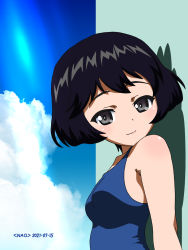 Rule 34 | 1girl, black hair, blue eyes, blush, breasts, closed mouth, girls und panzer, highres, looking at viewer, naotosi, outdoors, short hair, sky, small breasts, smile, solo, upper body, utsugi yuuki