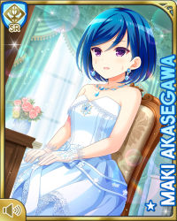 Rule 34 | 1girl, akasegawa maki, blue hair, card, chair, character name, curtains, day, dress, earrings, flower, girlfriend (kari), indoors, jewelry, looking at viewer, nervous, official art, open mouth, purple eyes, qp:flapper, rose, short hair, solo, tagme, wedding dress, white dress