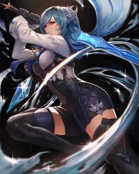 Rule 34 | 1girl, arms up, black gloves, black hairband, blue cape, blue hair, blue necktie, boots, breasts, cape, chest harness, closed mouth, commentary, dan dautov, dark background, eula (genshin impact), foot out of frame, from side, full body, genshin impact, gloves, greatsword, hair ornament, hairband, hands up, harness, high-waist shorts, highres, holding, holding sword, holding weapon, knee up, light particles, long sleeves, looking ahead, medium breasts, medium hair, necktie, parted bangs, red eyes, shorts, sidelocks, solo, song of broken pines (genshin impact), sparkle, spotlight, sword, thigh boots, vision (genshin impact), weapon, white sleeves