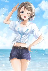 Rule 34 | 1girl, ;d, absurdres, arm up, belt, belt buckle, blue eyes, blue shorts, blue sky, blush, breasts, brown belt, brown hair, buckle, cloud, cloudy sky, collarbone, commentary request, day, highres, horizon, looking at viewer, love live!, love live! sunshine!!, medium breasts, midriff, ocean, one eye closed, open mouth, outdoors, print shirt, round teeth, salute, shirt, short hair, short shorts, short sleeves, shorts, sin (sin52y), sky, smile, solo, t-shirt, teeth, thigh gap, tied shirt, upper teeth only, watanabe you, water, water drop, white shirt, wide sleeves