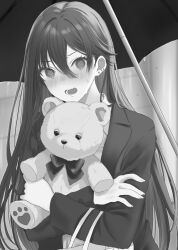 Rule 34 | 1girl, @ @, bag, blazer, blurry, blurry background, blush, bow, collared shirt, commentary request, depth of field, ear piercing, earrings, greyscale, hair between eyes, hamu (plot sy), highres, jacket, jewelry, long hair, looking at viewer, monochrome, nose blush, hugging object, open mouth, original, outdoors, paper bag, piercing, rain, sasagawa ayano, school uniform, shirt, solo, stud earrings, stuffed animal, stuffed toy, sweat, teddy bear, umbrella, upper body, very long hair
