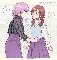 Rule 34 | ..., 2girls, ?, asahina yui, blue eyes, blush, brown hair, clenched hand, dated, dotted background, eye contact, highres, kousaka rei, la corda d&#039;oro starlight orchestra, long sleeves, looking at another, multiple girls, peggy (pixiv9540913), purple hair, purple skirt, see-through, see-through sleeves, skirt, smile, speech bubble, spoken ellipsis, spoken question mark, standing, vest, yuri