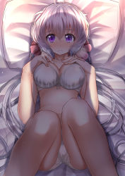 Rule 34 | 1girl, ahoge, bra, breasts, cleavage, commentary request, commission, feet out of frame, frown, hair between eyes, hair ribbon, highres, large breasts, long hair, looking at viewer, low twintails, lying, mad (hazukiken), navel, on back, panties, partial commentary, pillow, pixiv commission, purple eyes, red ribbon, ribbon, senki zesshou symphogear, shadow, solo, twintails, underwear, underwear only, very long hair, white bra, white panties, yukine chris