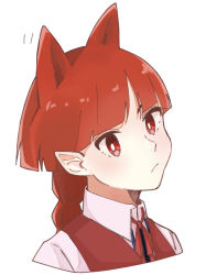 Rule 34 | 1other, animal ears, braid, cat ears, irodori pickles, looking at viewer, mairimashita! iruma-kun, opera (iruma-kun), pointy ears, red eyes, red hair, red ribbon, red vest, ribbon, solo, tail, upper body, vest, white background