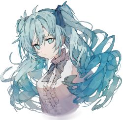 Rule 34 | 1girl, blue bow, blue bowtie, blue eyes, blue ribbon, bow, bowtie, center frills, closed mouth, commentary, deep (deep4946), expressionless, frills, hair ribbon, hatsune miku, highres, long hair, no pupils, ribbon, shirt, simple background, solo, twintails, upper body, vocaloid, white background, white shirt