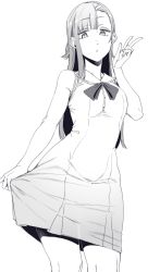 Rule 34 | 1girl, absurdres, bare arms, bow, bowtie, copyright request, cowboy shot, dress, greyscale, hand up, highres, long hair, looking at viewer, monochrome, nakamura regura, parted lips, simple background, solo, v, white background