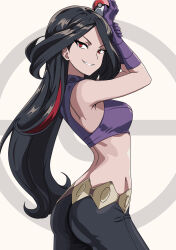 Rule 34 | 1girl, arms up, ass, bare shoulders, black hair, breasts, creatures (company), crop top, elbow gloves, from side, game freak, gloves, grin, halterneck, highres, holding, holding poke ball, large breasts, legs, long hair, looking at viewer, lucy (pokemon), midriff, multicolored hair, nintendo, pants, poke ball, poke ball (basic), poke ball theme, pokemon, pokemon emerald, pokemon rse, red eyes, red hair, seductive smile, sideboob, simple background, smile, solo, streaked hair, thighs, tsurime, v-shaped eyebrows, very long hair, vivivoovoo