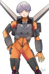Rule 34 | 1girl, animification, apex legends, armor, armored boots, bodysuit, boots, breastplate, brown eyes, gloves, grey footwear, grey hair, hand on own hip, head tilt, highres, jetpack, light smile, looking at viewer, missile pod, notamaru 2, open hand, orange bodysuit, orange gloves, short hair, smile, solo, thigh boots, valkyrie (apex legends), white background