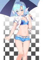 Rule 34 | 1girl, :d, belt, blue eyes, blue hair, blue shorts, breasts, checkered background, choker, collarbone, commentary request, crop top, elliot leucosia, fins, fish girl, hand up, head fins, highres, holding, holding umbrella, jacket, looking at viewer, midriff, navel, open clothes, open jacket, open mouth, original, race queen, short hair, short shorts, short sleeves, shorts, small breasts, smile, solo, standing, stomach, takunomi, thigh gap, thighs, umbrella, webbed hands, white jacket