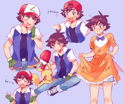 Rule 34 | 1boy, ash ketchum, ashley (pokemon), backwards hat, baseball cap, belt, black shirt, blush, bow, brown hair, closed mouth, collarbone, commentary, creatures (company), crossdressing, crying, dirty, dirty clothes, dress, dress bow, embarrassed, english commentary, fingerless gloves, frills, frown, game freak, gen 1 pokemon, gloves, green gloves, hand up, hat, head tilt, highres, jacket, kakisatober, knees, looking to the side, male focus, nintendo, open mouth, orange dress, pikachu, pokemon, pokemon (anime), pokemon (classic anime), pokemon (creature), raised eyebrows, shirt, short hair, short sleeves, smile, teeth, tongue