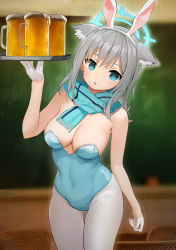 Rule 34 | 1girl, :o, absurdres, alcohol, alternate costume, animal ear fluff, animal ears, anshinmama, arm up, bare arms, bare shoulders, beer, beer mug, blue archive, blue eyes, blue leotard, blue scarf, blurry, blurry background, blush, breasts, cat ears, chalkboard, cleavage, covered navel, cup, depth of field, earrings, extra ears, fake animal ears, gloves, gluteal fold, grey pantyhose, hairband, halo, highres, holding, holding tray, jewelry, kittysuit, large breasts, leotard, long hair, looking at viewer, mug, nontraditional playboy bunny, open mouth, pantyhose, playboy bunny, rabbit ears, scarf, shiroko (blue archive), silver hair, solo, strapless, strapless leotard, stud earrings, thigh gap, tray, white gloves, white hairband