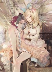Rule 34 | 1girl, bare legs, bare tree, barefoot, blonde hair, closed eyes, crab d, curtains, doll, drill hair, frills, full body, hair ribbon, highres, indoors, leg up, legs, light smile, million yaanyi, parted bangs, petticoat, pincushion, ribbon, sitting, solo, stuffed toy, tree, unbuttoned, window