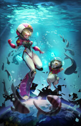 Rule 34 | 1girl, absurdres, air bubble, black bodysuit, blue eyes, bodysuit, breasts, bubble, cat, caustics, ddcc0123, diving helmet, earth (planet), fang, fish, full body, gloves, green hair, grey cat, helmet, highres, jellyfish, korean commentary, looking at animal, looking down, medium breasts, medium hair, multicolored bodysuit, multicolored clothes, open mouth, original, pink bodysuit, pink gloves, planet, red footwear, skin fang, solo, underwater, water, white bodysuit
