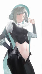 Rule 34 | 1girl, absurdres, ascot, black gloves, black jacket, black pants, black vest, breasts, c1718259, commentary request, female pubic hair, gloves, green eyes, grey hair, hair bun, hand on own hip, hand up, highres, jacket, lifted by self, looking at viewer, medium breasts, navel, neckwear lift, off shoulder, open clothes, open fly, open jacket, pants, parted lips, pubic hair, purple brooch, reverse:1999, shirt, short hair, simple background, single side bun, solo, standing, vertin (reverse:1999), vest, white ascot, white background, white shirt