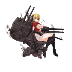 Rule 34 | 1girl, aiguillette, angry, blonde hair, blue eyes, boots, breasts, broken glass, cup, damaged, drinking glass, epaulettes, eyepatch, gauntlets, glass, large breasts, crossed legs, looking at viewer, machinery, military, military uniform, nipples, prince of wales (warship girls r), remodel (warship girls r), short hair, sitting, smoke, solo, stmast, torn clothes, uniform, warship girls r, white background
