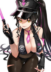 Rule 34 | 1girl, absurdres, bare shoulders, bikini, black bikini, black gloves, black hair, black hat, black pantyhose, blush, breasts, cleavage, covered navel, facial mark, fate/grand order, fate (series), fingerless gloves, forehead mark, gloves, halterneck, hat, highres, large breasts, long hair, looking at viewer, miyayosh, multicolored hair, nail polish, necktie, pantyhose, parted bangs, parted lips, pink hair, pink neckwear, police hat, ponytail, sessyoin kiara, sessyoin kiara (swimsuit mooncancer), sessyoin kiara (swimsuit mooncancer) (second ascension), simple background, smile, streaked hair, swimsuit, thighs, traffic baton, very long hair, white background, yellow eyes