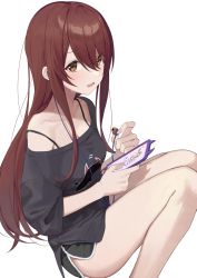 1girl, bangs, black shorts, blush, breasts, brown eyes, brown hair, cellphone, cleavage, commentary request, dolphin shorts, earphones, embarrassed, eyebrows visible through hair, feet out of frame, hair between eyes, hair over one eye, highres, holding, holding earphones, holding phone, idolmaster, idolmaster shiny colors, knees up, legs, long hair, looking at viewer, medium breasts, off-shoulder shirt, off shoulder, osaki tenka, open mouth, oversized clothes, oversized shirt, phone, print shirt, shiny, shiny hair, shirt, short shorts, shorts, sidelocks, simple background, sitting, smartphone, solo, strap slip, sweatdrop, swept bangs, syhan, thighs, white background