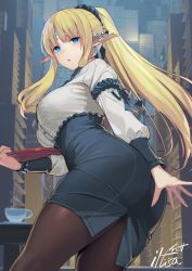 Rule 34 | 1girl, artist name, black pantyhose, blonde hair, blouse, blue eyes, blue skirt, blush, breasts, cowboy shot, cup, elf, from side, holding, holding tray, iltusa, large breasts, long hair, looking at viewer, miniskirt, original, pantyhose, pencil skirt, pointy ears, ponytail, shirt, skirt, solo, table, tray, white shirt