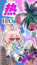 Rule 34 | 1girl, animal ears, blue skirt, cat, collage, drinking, highres, jacket, laser sight, long hair, low-tied long hair, low twintails, newspaper, original, palm tree, pink hair, plastic bottle, pleated skirt, rabbit ears, sitting, skirt, sleeves rolled up, socks, solo, tree, twintails, white socks, xiao hutu, xiaohutu, yellow jacket