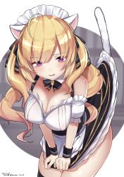 Rule 34 | 1girl, animal ears, apron, bare shoulders, bent over, black bow, black skirt, black thighhighs, blonde hair, blush, bow, breasts, cat ears, cat girl, cat tail, cleavage, collar, commentary request, dated, detached collar, frilled apron, frills, hair between eyes, highres, hirota fruit, kemonomimi mode, long hair, maid, maid headdress, medium breasts, nijisanji, parted lips, puffy short sleeves, puffy sleeves, purple eyes, short sleeves, signature, skindentation, skirt, skirt tug, solo, tail, takamiya rion, takamiya rion (3rd costume), thighhighs, twitter username, very long hair, virtual youtuber, waist apron, white apron, white collar, white sleeves, wristband
