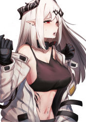 Rule 34 | arknights, breasts, highres, krirk, large breasts, long hair, material growth, mudrock (arknights), mudrock (elite ii) (arknights), oripathy lesion (arknights), pointy ears, red eyes, self-upload, silver hair, simple background, solo, stomach, white background