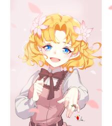 Rule 34 | 1girl, belt, blonde hair, blue eyes, bow, breasts, brown belt, brown bow, clenched hand, collared shirt, female focus, floating hair, flower, flower ring, hair flower, hair ornament, head tilt, highres, jewelry, looking at viewer, lsr, maria campbell, open mouth, otome game no hametsu flag shika nai akuyaku reijou ni tensei shite shimatta, parted bangs, petals, pink background, pink flower, ring, shirt, short hair, signature, small breasts, smile, solo, upper body, white shirt