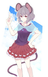 Rule 34 | 1girl, adapted costume, animal ears, black shirt, clothing cutout, collarbone, commentary request, dra (area-s), feet out of frame, grey hair, hand on own hip, heart cutout, highres, jewelry, mouse ears, mouse tail, nazrin, necklace, pendant, red eyes, red skirt, shawl, shirt, short hair, skirt, smile, solo, standing, tail, touhou