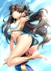 Rule 34 | 1girl, anklet, armlet, ass, asymmetrical legwear, asymmetrical sleeves, bare shoulders, barefoot, bikini, black bikini, black hair, blue sky, blush, breasts, bridal gauntlets, closed mouth, day, detached sleeves, earrings, fate/grand order, fate (series), hoop earrings, ishtar (fate), jewelry, long hair, looking at viewer, mismatched bikini, neck ring, parted bangs, red eyes, single detached sleeve, sky, small breasts, smile, solo, swimsuit, thighs, tiara, two side up, uneven legwear, uneven sleeves, white bikini, zen