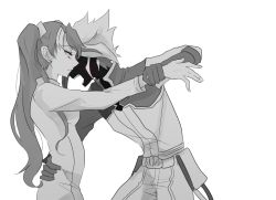 Rule 34 | 1boy, 1girl, akaba ray, closed mouth, gloves, multicolored hair, spiked hair, teeth, twintails, two-tone hair, yu-gi-oh!, yu-gi-oh! arc-v, zarc (yuu-gi-ou arc-v)
