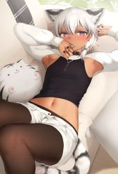 Rule 34 | 1girl, absurdres, animal ear fluff, animal ears, armpits, breasts, collar, commentary, couch, dark-skinned female, dark skin, ear piercing, hair between eyes, highres, long sleeves, looking at viewer, lying, mathew (srmmk mce), navel, on back, on couch, original, pantyhose, piercing, pillow, shorts, shrug (clothing), small breasts, solo, symbol-only commentary, tail, tiger ears, tiger girl, tiger tail, white hair