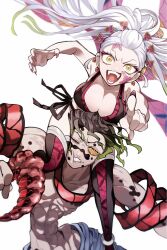 Rule 34 | 1boy, 1girl, black hair, black thighhighs, breasts, brother and sister, carrying, cleavage, colored sclera, daki (kimetsu no yaiba), demon boy, demon girl, facial tattoo, fangs, fingernails, green eyes, green hair, gyuutarou (kimetsu no yaiba), highres, kimetsu no yaiba, large breasts, long hair, looking at viewer, mihashi (re4 glo), multicolored hair, narrow waist, one eye closed, open mouth, panties, pointing, pointing at viewer, red nails, sharp fingernails, sharp teeth, shoulder carry, siblings, side-tie panties, tattoo, teeth, thighhighs, two-tone hair, underwear, very long hair, white background, white hair, yellow sclera