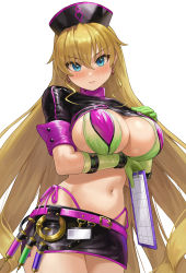 Rule 34 | 1girl, arm under breasts, bikini, bikini under clothes, black skirt, blonde hair, blue eyes, blush, breasts, claire harvey, cleavage, clipboard, closed mouth, cosplay, cowboy shot, earrings, elbow gloves, fate/grand order, fate (series), florence nightingale (fate), florence nightingale (trick or treatment) (fate), florence nightingale (trick or treatment) (fate) (cosplay), gloves, green gloves, hand on own chest, hat, highres, holding, holding clipboard, hundred (light novel), id card, jewelry, large breasts, long hair, looking at viewer, miniskirt, multicolored bikini, multicolored clothes, navel, nhaliz, nurse cap, official alternate costume, pink ribbon, ribbon, scowl, short sleeves, shrug (clothing), side-tie bikini bottom, simple background, skirt, solo, stomach, straight hair, swimsuit, syringe, thong, v-shaped eyebrows, variant set, very long hair, white background