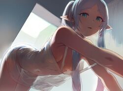 Rule 34 | 1girl, bare shoulders, blush, breasts, commentary, dress, earrings, elf, frieren, from below, green eyes, grey hair, hews, highres, jewelry, long hair, looking at viewer, looking down, monochrome, navel, open mouth, parted bangs, pointy ears, see-through, small breasts, solo, sousou no frieren, thighs, twintails