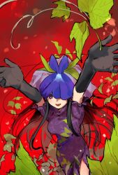 Rule 34 | 1girl, black gloves, black hair, china dress, chinese clothes, dress, elbow gloves, flower, flower on head, frilled sleeves, frills, from above, gloves, grape print, highres, kaigen 1025, leaf, long hair, one eye covered, open mouth, outstretched arms, purple dress, purple eyes, purple flower, reaching, red background, short sleeves, sidelocks, smile, solo, straight hair, touhou, vine print, yomotsu hisami