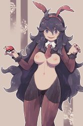 Rule 34 | 1girl, @ @, ahoge, animal ears, bad id, bad pixiv id, breastless clothes, breasts, creatures (company), fake animal ears, game freak, hex maniac (pokemon), highres, lamb-oic029, long hair, medium breasts, meme attire, messy hair, nail polish, navel, neck ribbon, necktie, nintendo, nipples, open mouth, pantyhose, poke ball, poke ball (basic), pokemon, pokemon xy, purple eyes, rabbit ears, red necktie, revealing clothes, reverse bunnysuit, reverse outfit, ribbon, shrug (clothing), simple background, solo, standing, stomach, very long hair