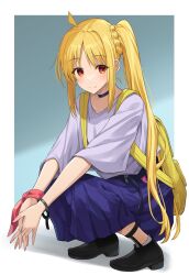 Rule 34 | 1girl, ahoge, arm ribbon, armband, backpack, bag, belt, black belt, black footwear, blonde hair, blue skirt, blush, bocchi the rock!, closed mouth, commentary, eyelashes, full body, grey shirt, highres, ijichi nijika, interlocked fingers, kanaria hisagi, long hair, long skirt, looking at viewer, own hands together, parted bangs, pleated skirt, red eyes, red ribbon, ribbon, shirt, side ponytail, sidelocks, simple background, skirt, smile, solo, squatting, straight hair, very long hair, wide sleeves