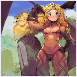 Rule 34 | 1girl, abs, amazon (dragon&#039;s crown), arm up, armor, artist request, bare shoulders, bikini armor, black gloves, blonde hair, blue eyes, blue sky, blush, border, bra, breasts, closed mouth, cowboy shot, day, dragon&#039;s crown, female pubic hair, gloves, grey border, hand on own hip, holding, holding weapon, long hair, looking at viewer, medium breasts, muscular, muscular female, navel, outdoors, over shoulder, pubic hair, rock, scale armor, signature, sky, solo, source request, standing, tattoo, underwear, weapon, weapon over shoulder