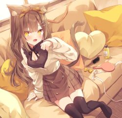 Rule 34 | 1girl, :d, animal ears, black thighhighs, blush, bow, breasts, brown bow, brown hair, brown shirt, brown skirt, cat ears, cat girl, cat tail, cleavage, cleavage cutout, clothing cutout, commentary request, couch, hair bow, hair brush, hair ornament, hairclip, hand mirror, hand up, heart, heart-shaped pillow, highres, hoshi (snacherubi), indoors, jacket, long hair, long sleeves, looking at viewer, medium breasts, mirror, on couch, open mouth, original, paw pose, pillow, plaid, plaid skirt, puffy long sleeves, puffy sleeves, shirt, skirt, sleeveless, sleeveless shirt, sleeves past wrists, smile, solo, tail, thighhighs, very long hair, white jacket, yellow eyes