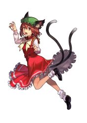 Rule 34 | 1girl, animal ear fluff, animal ears, bow, brown eyes, brown hair, cat ears, cat tail, chen, fangs, frilled hat, frilled skirt, frills, green headwear, hat, highres, hungry clicker, long sleeves, looking at viewer, mob cap, multiple tails, open mouth, paw pose, red skirt, red vest, shirt, skirt, skirt set, sleeve bow, socks, tail, touhou, two tails, vest, white background, white bow, white shirt, white socks, yellow bow