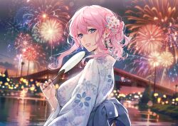 Rule 34 | 1girl, aerial fireworks, blue eyes, blush, bridge, cain art811, commentary request, earrings, fireworks, floral print, flower, flower earrings, hair flower, hair ornament, hand fan, highres, japanese clothes, jewelry, kimono, lens flare, long hair, looking to the side, nail polish, night, obi, original, outdoors, parted lips, pink hair, river, sash, smile, solo, upper body, water