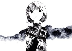 Rule 34 | 1girl, bright pupils, building, closed mouth, cloud, commentary request, crosshatching, double exposure, greyscale, hatching (texture), high contrast, highres, looking at viewer, monochrome, no arms, original, short hair, solo, traditional media, turtleneck, uchida akira (taaiseee1121), upper body
