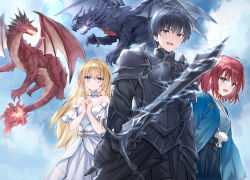 Rule 34 | 1boy, 2girls, ahoge, armor, bare shoulders, black armor, black eyes, black gloves, black hair, blonde hair, blue eyes, blue kimono, braid, breasts, closed mouth, cloud, cloudy sky, copyright request, day, detached sleeves, dragon, dress, fantasy, gloves, green eyes, hair between eyes, hands up, higeneko, holding, holding sword, holding weapon, japanese clothes, kimono, long hair, looking at viewer, medium breasts, medium hair, multiple girls, novel illustration, official art, open mouth, outdoors, own hands clasped, own hands together, red hair, short hair, side braid, sky, small breasts, sword, weapon, white dress