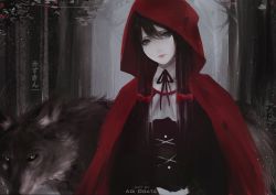 Rule 34 | 1girl, aoi ogata, artist name, black hair, bow, brown ribbon, commentary, english commentary, forest, grey eyes, hair between eyes, hair bow, highres, hood, hood up, lips, little red riding hood, little red riding hood (grimm), long hair, nature, pale skin, red bow, red hood, ribbon, tree, wolf