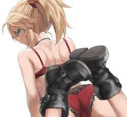 Rule 34 | 1girl, ass, back, bare shoulders, black footwear, blonde hair, boots, braid, breasts, fate/apocrypha, fate/grand order, fate (series), french braid, green eyes, highres, lingerie, long hair, looking at viewer, looking back, mordred (fate), mordred (fate/apocrypha), mordred (memories at trifas) (fate), parted bangs, ponytail, shorts, sidelocks, small breasts, solo, tonee, underwear