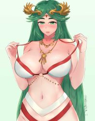 Rule 34 | 1girl, bare shoulders, bikini, blush, breasts, cleavage, forehead jewel, green eyes, green hair, highres, jewelry, kid icarus, kid icarus uprising, large breasts, long hair, mitsaplick, navel, nintendo, palutena, parted bangs, smile, solo, swimsuit, tagme