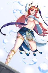 Rule 34 | 1girl, absurdres, blue eyes, blush, breasts, detached sleeves, forehead jewel, genshin impact, highres, horns, jewelry, midriff, musanix, navel, nilou (genshin impact), red hair, skirt, solo, stomach, thighs, underboob, veil