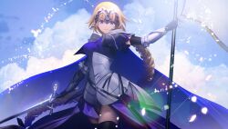 Rule 34 | 1girl, armor, battle standard, black gloves, black thighhighs, blonde hair, blue cape, cape, chain, closed mouth, cloud, commentary request, cowboy shot, dress, fate/grand order, fate (series), flag, glint, gloves, headpiece, highres, holding, holding flag, holding sword, holding weapon, jeanne d&#039;arc (fate), jeanne d&#039;arc (ruler) (fate), long braid, looking at viewer, outdoors, plackart, purple dress, scabbard, sheath, sky, smile, solo, standard bearer, sword, thighhighs, tsukimoto aoi, vambraces, weapon