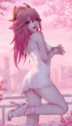 Rule 34 | 1girl, animal ears, bare shoulders, blurry, blurry background, breasts, commentary, dress, earrings, english commentary, eyeshadow, floppy ears, fox ears, from behind, genshin impact, hair between eyes, high heels, highres, jewelry, lips, long hair, looking at viewer, makeup, medium breasts, nail polish, outdoors, pink hair, ponytail, purple eyes, solo, soranamae, standing, standing on one leg, strapless, strapless dress, white dress, yae miko