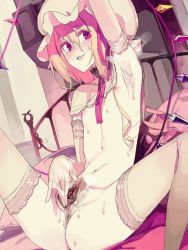Rule 34 | 1girl, anus, armpits, blonde hair, censored, clitoris, dark labia, elbow gloves, erect clitoris, fakepucco, female focus, female pubic hair, flandre scarlet, flat chest, gloves, nipples, pointless censoring, pubic hair, purple eyes, pussy, pussy juice, short hair, smell, solo, sparse pubic hair, spread legs, spread pussy, sweat, thighhighs, touhou, wings