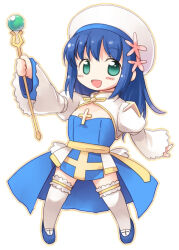Rule 34 | 1girl, :d, arch bishop (ragnarok online), blue dress, blue footwear, blue hair, blush, breasts, cleavage cutout, clothing cutout, commentary request, cross, dress, emurin, flower, frilled thighhighs, frills, full body, green eyes, hat, hat flower, holding, holding scepter, juliet sleeves, long hair, long sleeves, looking at viewer, open mouth, pelvic curtain, pink flower, puffy sleeves, ragnarok online, sash, scepter, shoes, simple background, small breasts, smile, solo, tam (ragnarok online), thighhighs, two-tone dress, white background, white dress, white hat, white thighhighs, yellow sash